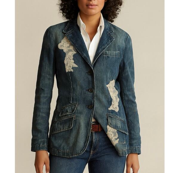 Lauren Ralph Lauren Lace Patchwork Denim Blazer Indigo